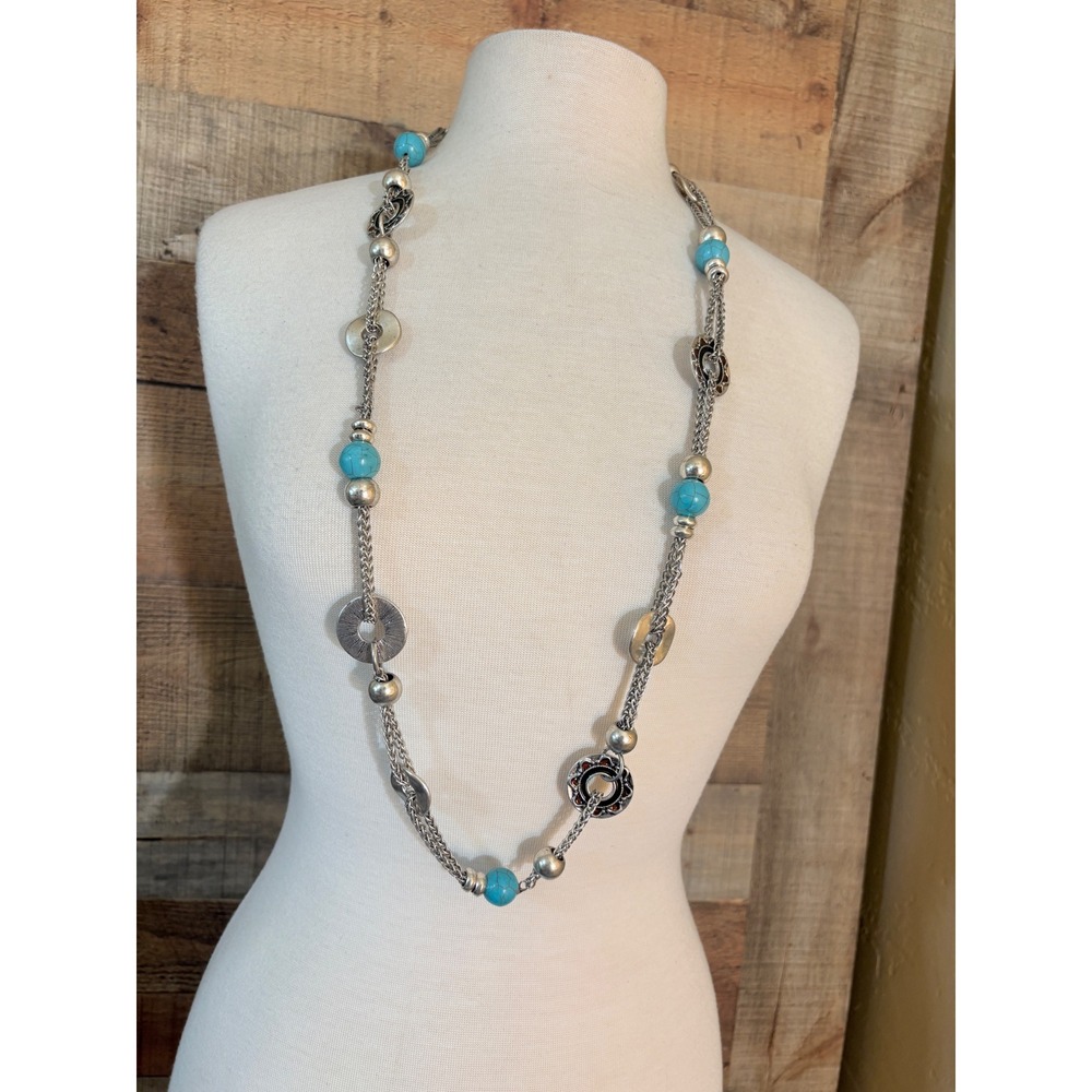 Boho Silver Tone Turquoise Faux Stone Long Layered Chain Medallion Necklace